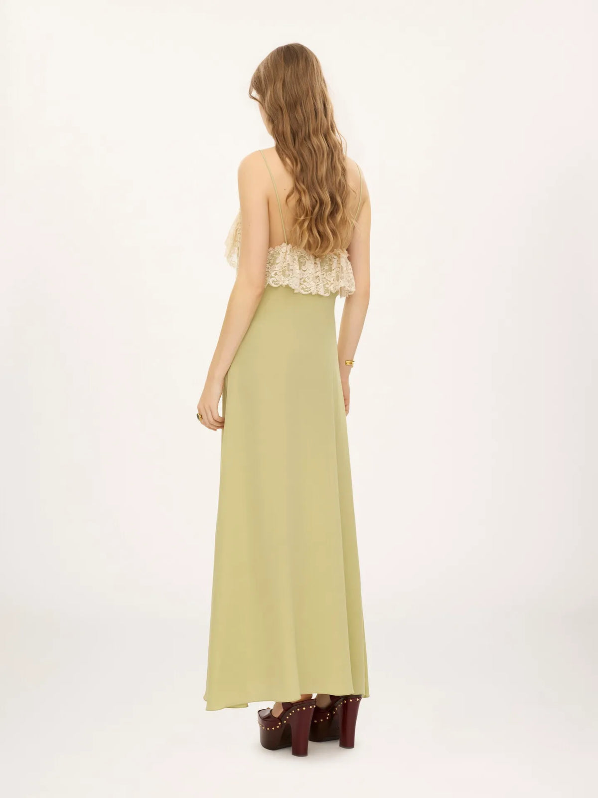 Thin-strap long dress in crêpe de chine & lace