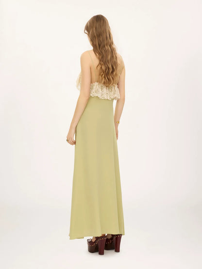 Thin-strap long dress in crêpe de chine & lace