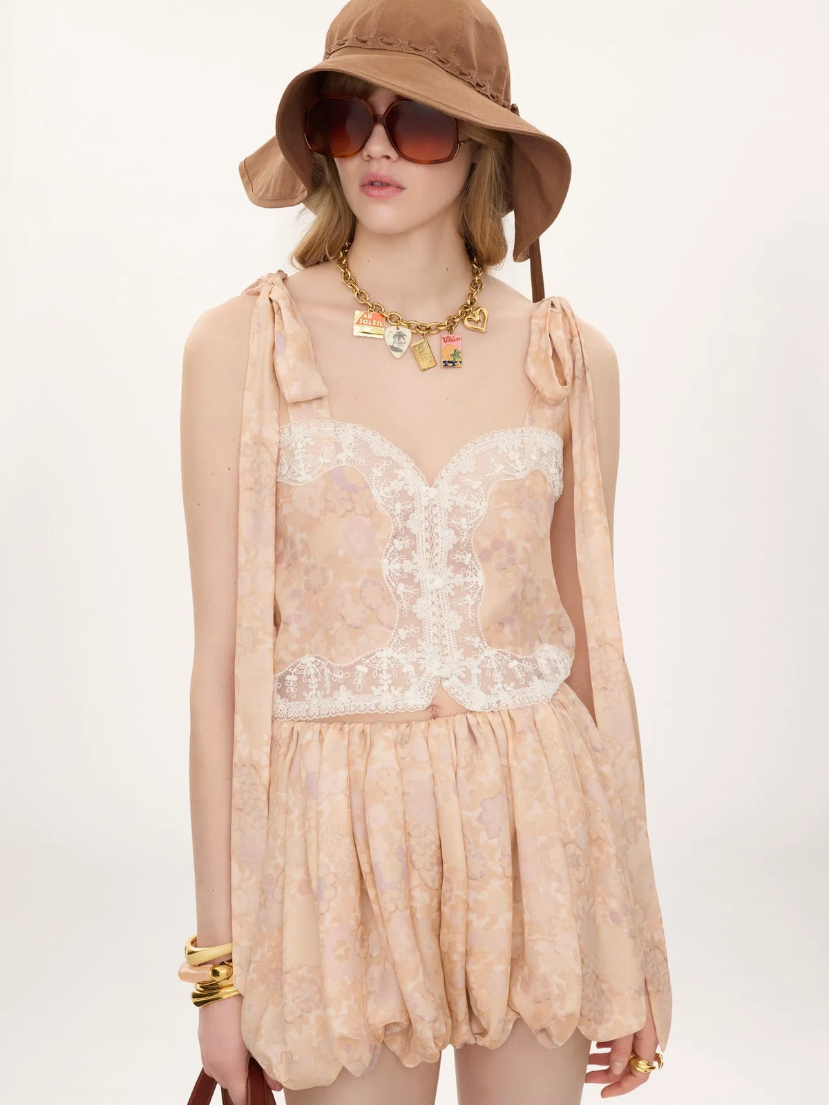 Knotted-strap cropped top in silk charmeuse & lace