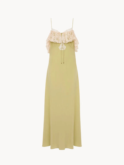 Thin-strap long dress in crêpe de chine & lace