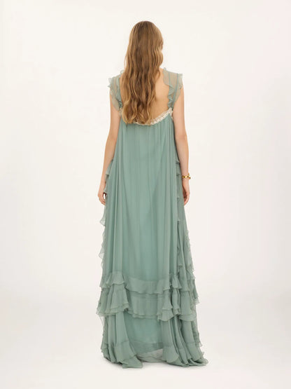 Sleeveless layered long dress in silk mousseline & lace