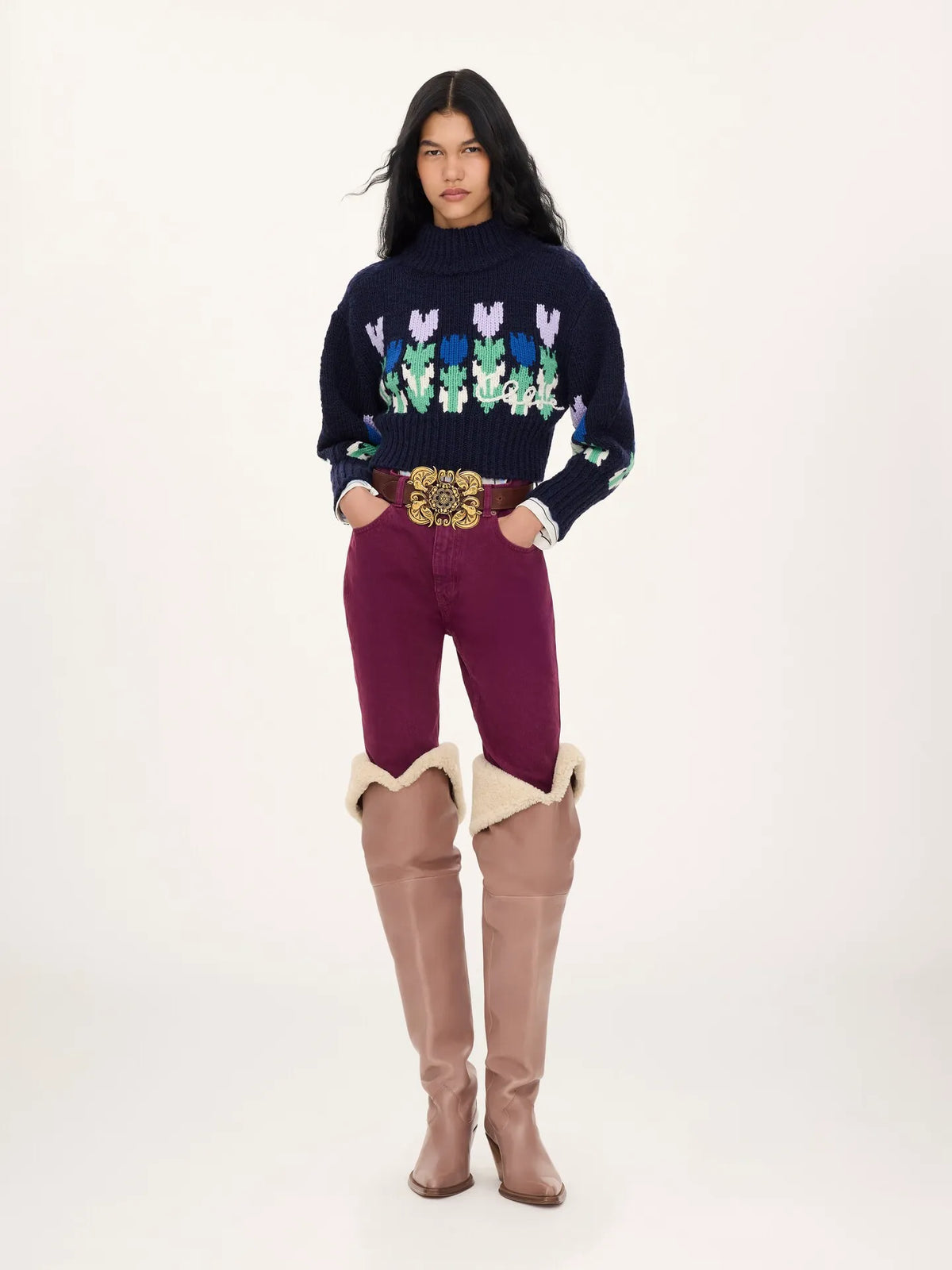 Cropped mock-neck logo sweater in a wool knit