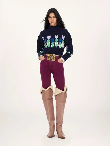 Cropped mock-neck logo sweater in a wool knit