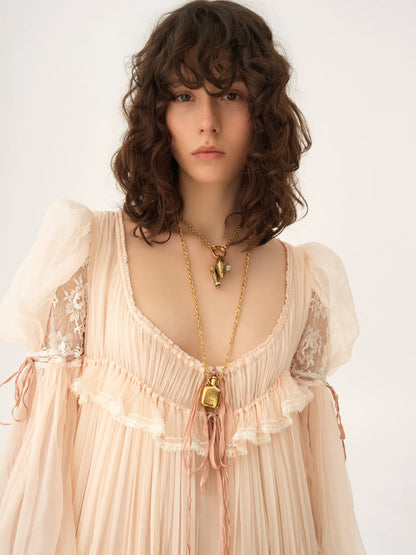 Oversized long ruffled dress in silk mousseline & lace