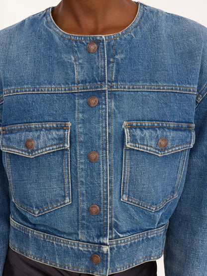 Collarless cropped jacket in denim