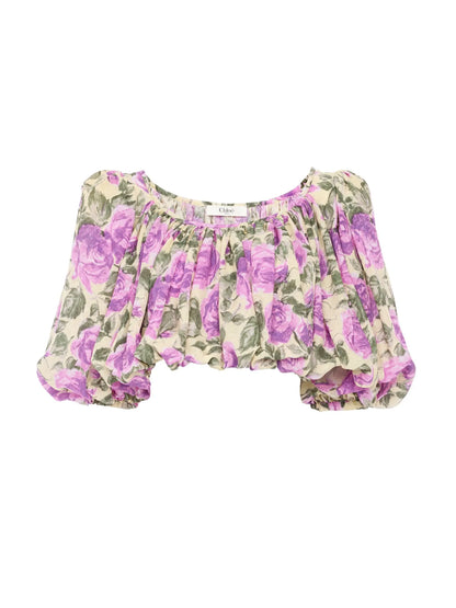 Puff-sleeve cropped top in silk jacquard