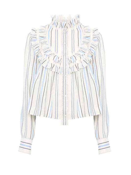 Ruffled blouse in silk jacquard & lace