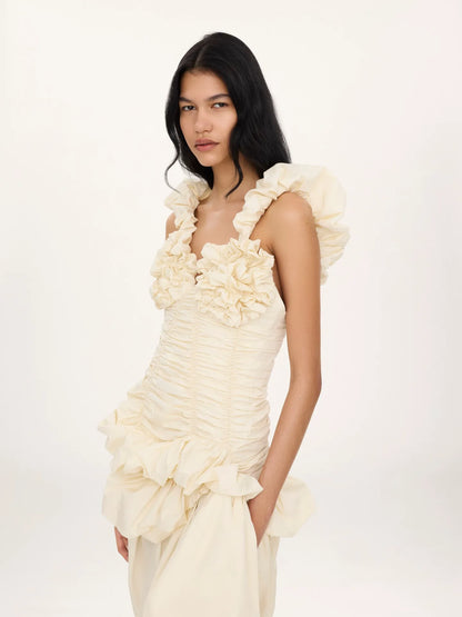 Ruched bustier midi dress in cotton poplin