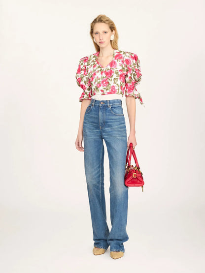 Puff-sleeve cropped top in cotton poplin