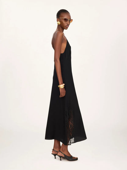 Long lingerie dress in crêpe de chine & lace