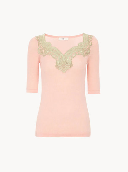 Elbow-sleeve fitted sweater in a wool knit & lace