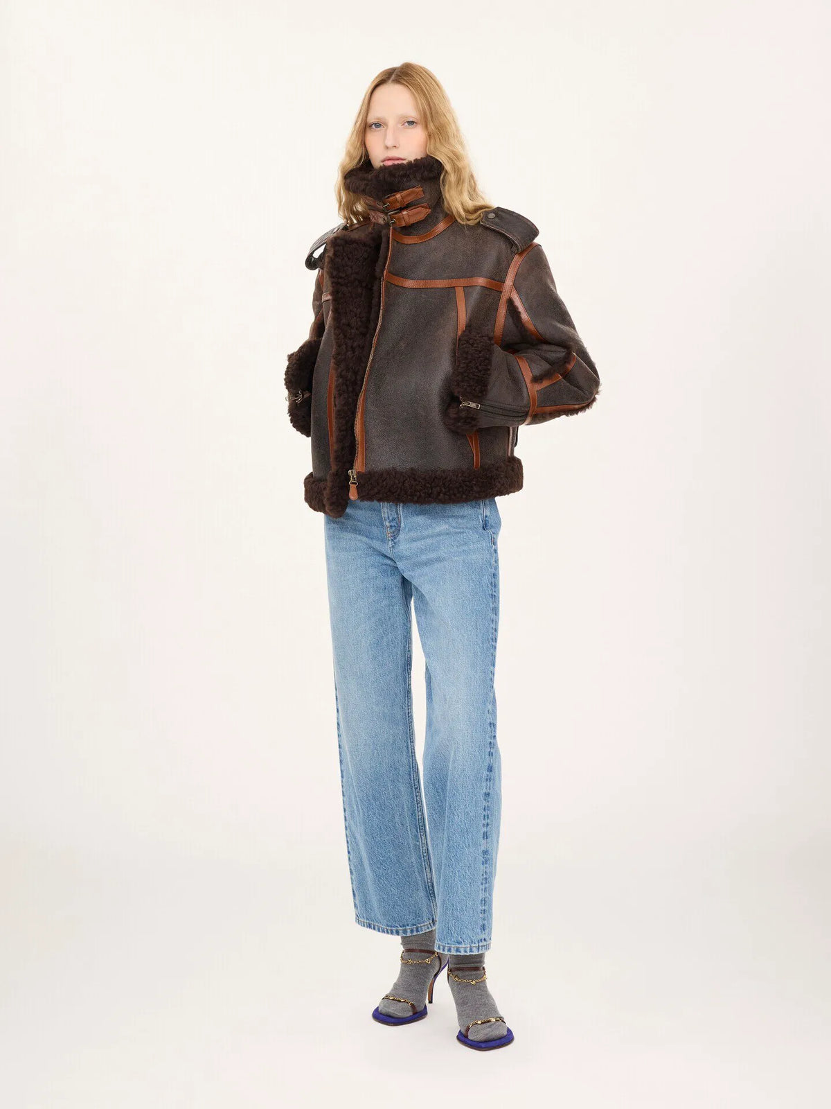 High-neck jacket in shearling