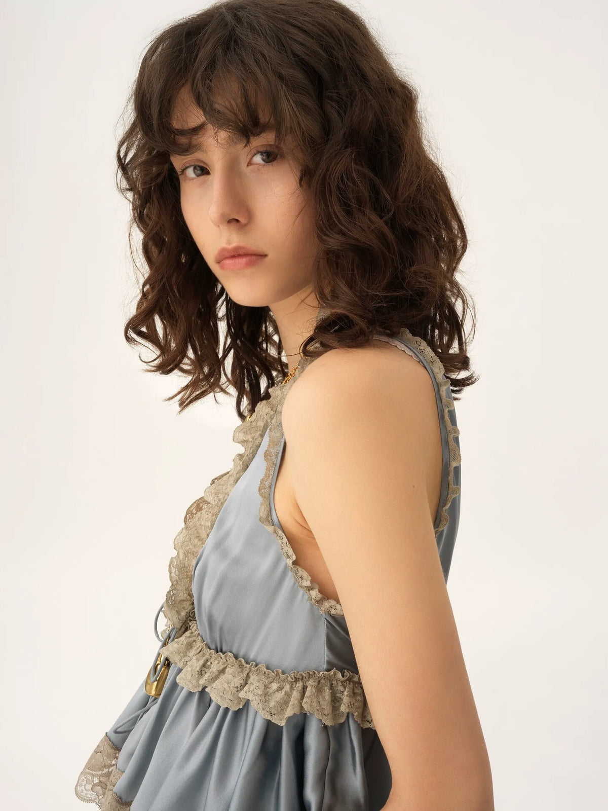 Tie-front sleeveless top in washed silk satin & lace