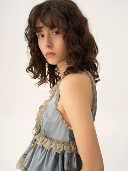 Tie-front sleeveless top in washed silk satin & lace