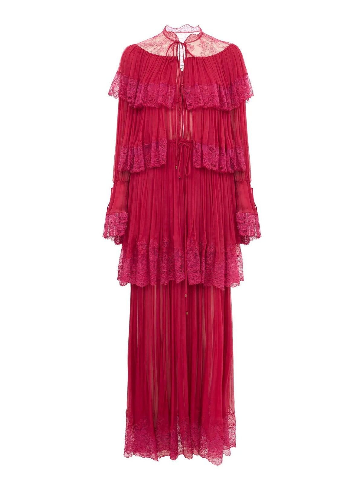 Long ruffled dress in silk mousseline & lace