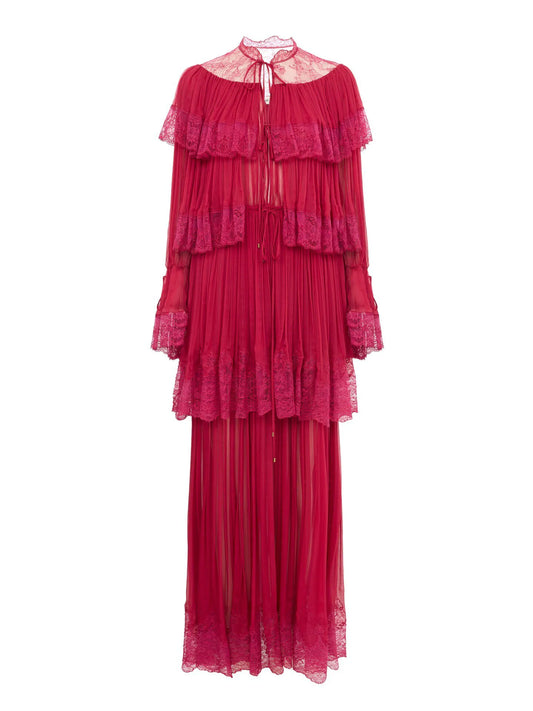 Long ruffled dress in silk mousseline & lace