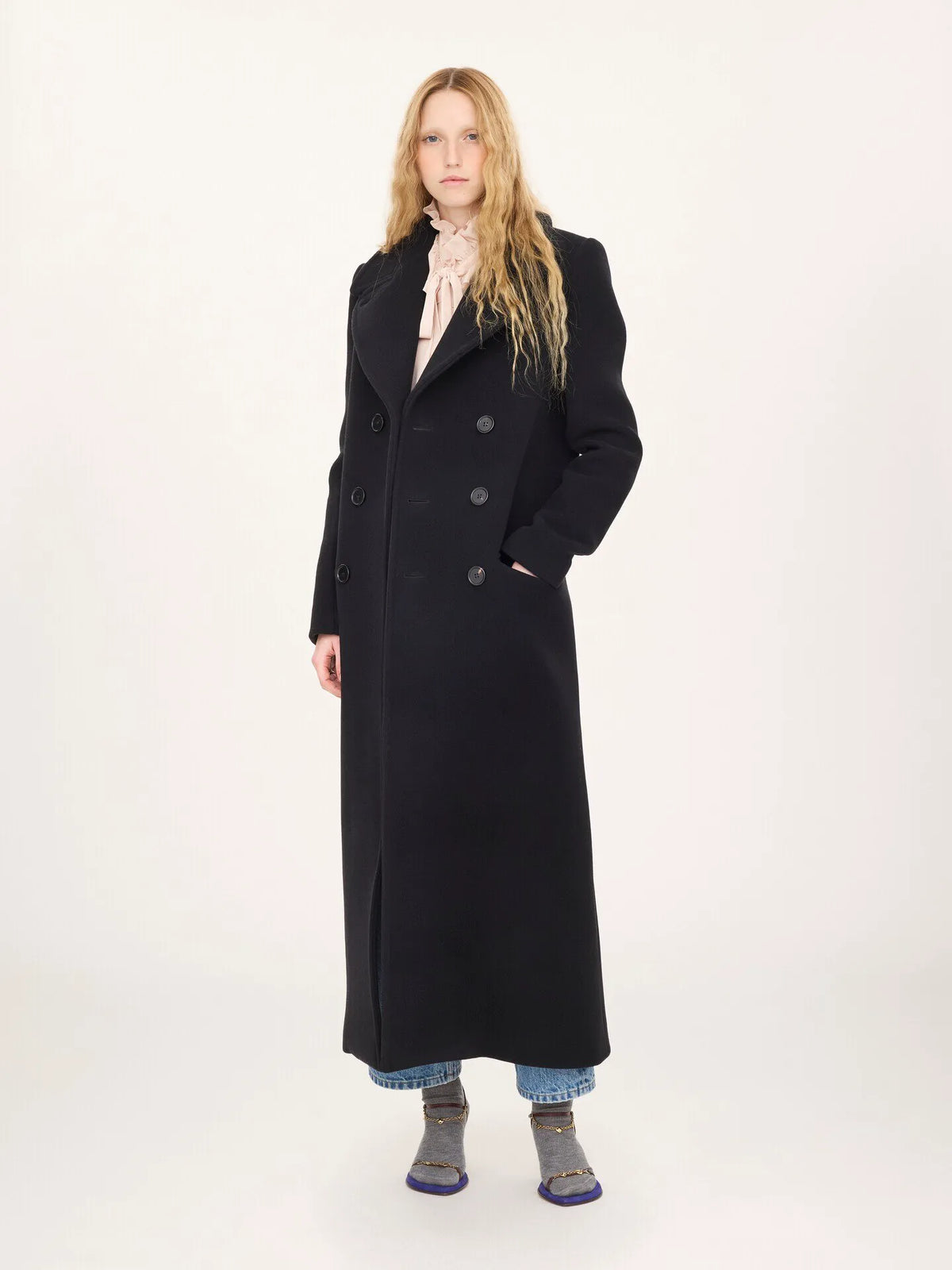 Long double-breasted coat in double-face wool