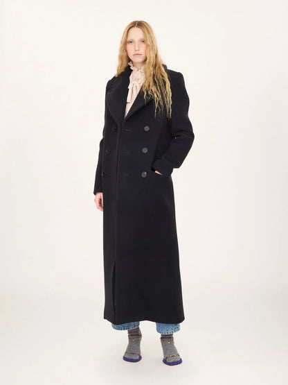 Long double-breasted coat in double-face wool