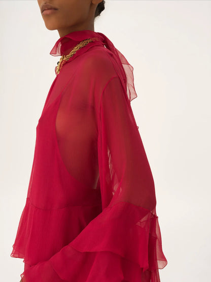 Ruffled mini dress in silk mousseline
