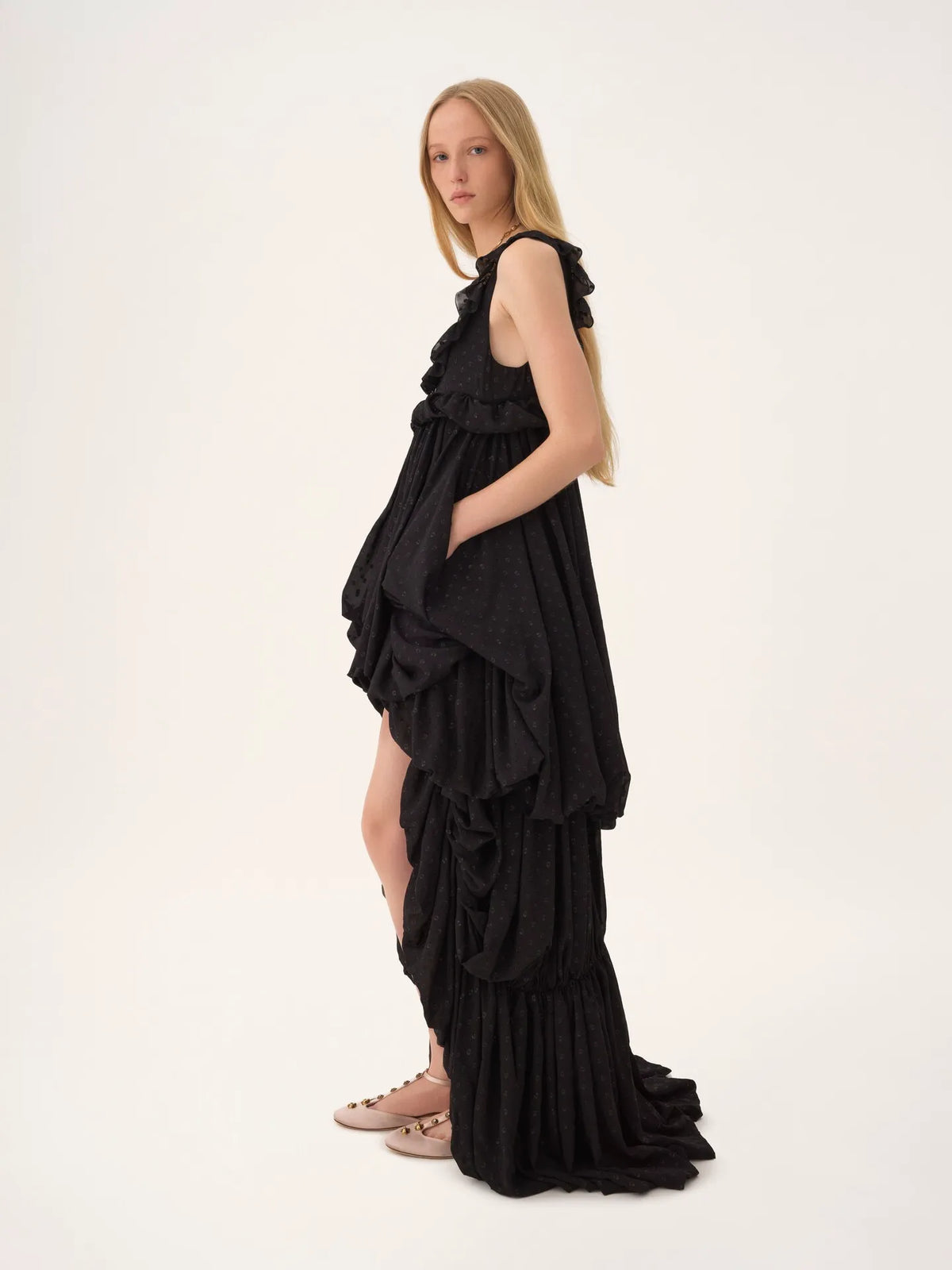 High-low sleeveless dress in silk georgette jacquard & lurex