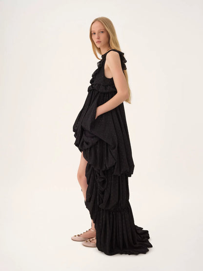 High-low sleeveless dress in silk georgette jacquard & lurex