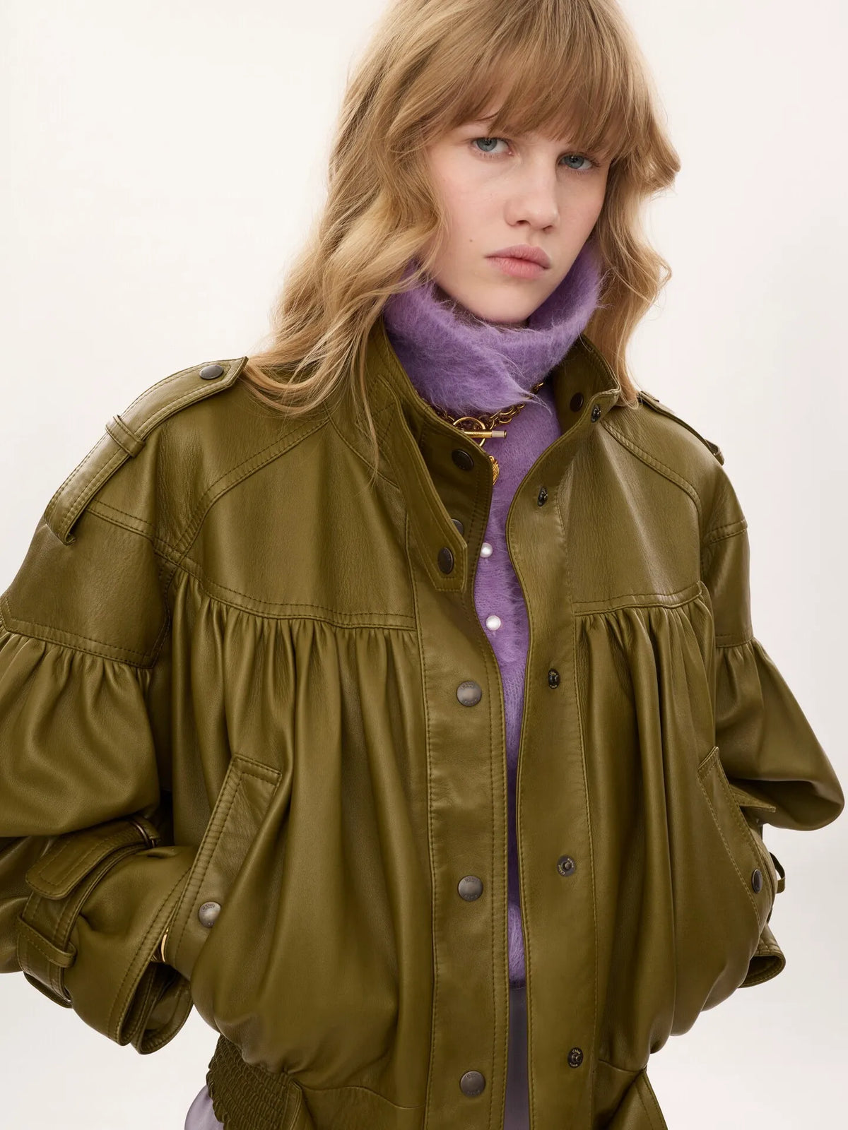 High-neck cropped jacket in leather