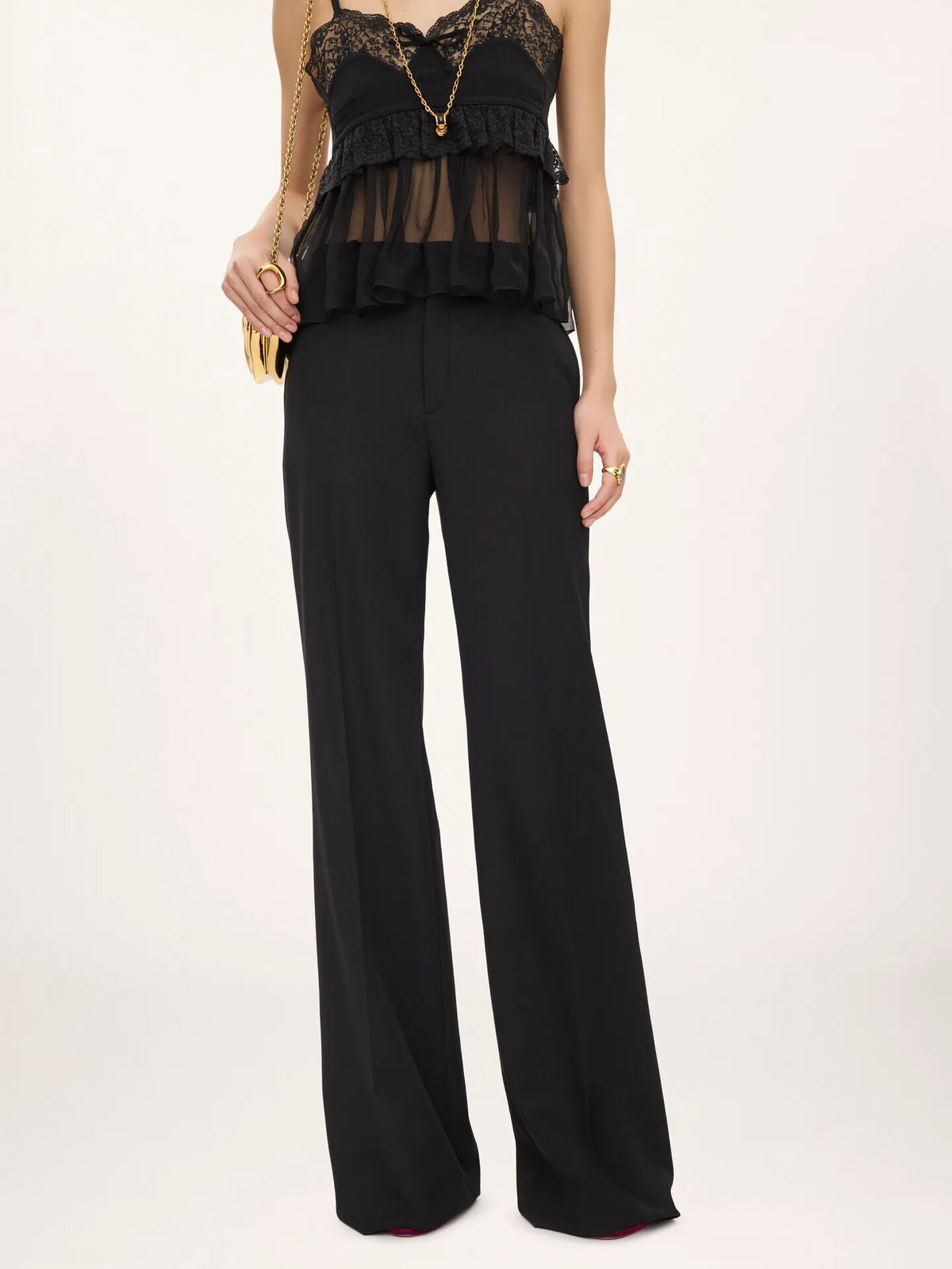 High-rise flared pants in wool grain de poudre