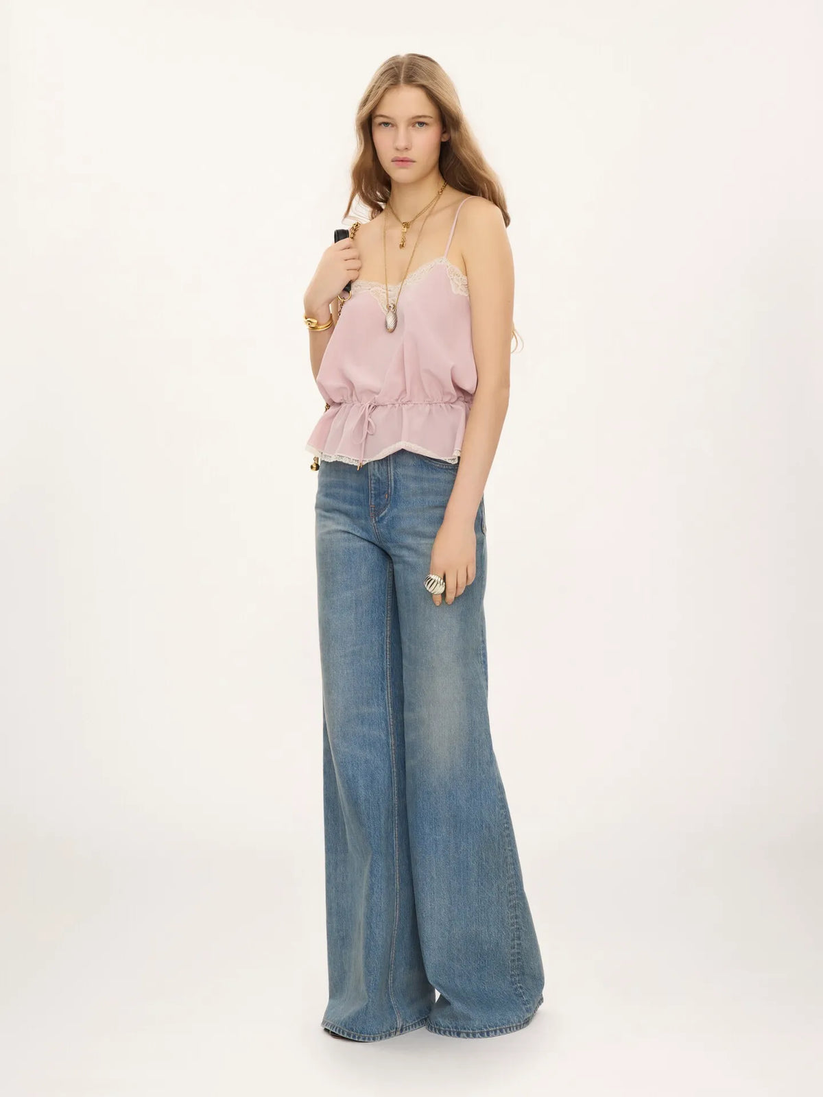 Drawstring camisole top in crêpe de chine & lace