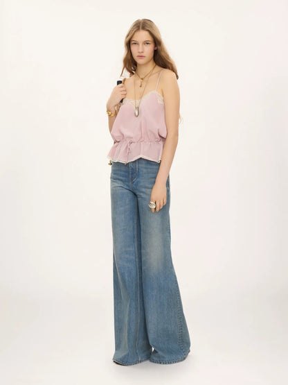 Drawstring camisole top in crêpe de chine & lace