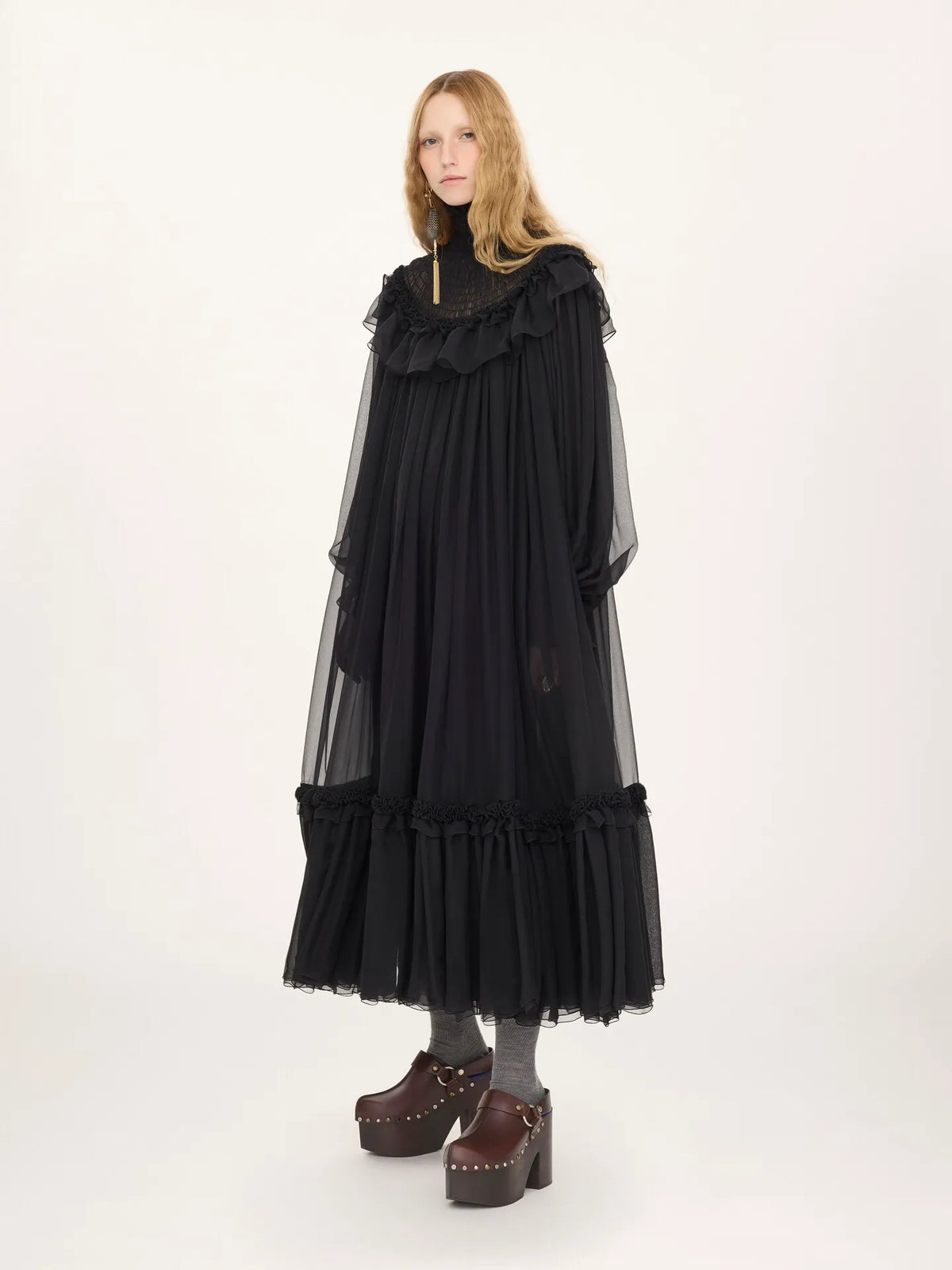 High-neck ruffled midi dress in silk mousseline