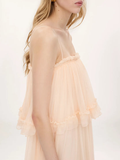 Thin-strap mini dress in silk mousseline