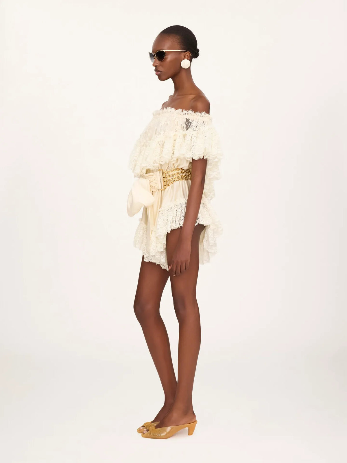Off-the-shoulder mini jumpsuit in washed silk satin & lace