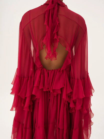 Ruffled mini dress in silk mousseline