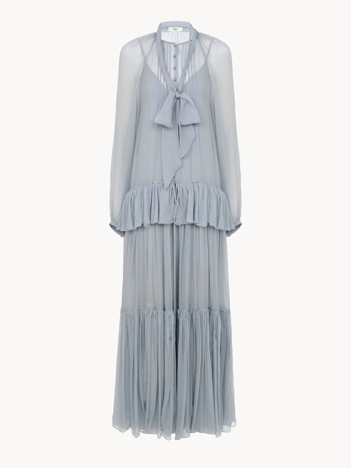 Fluid lavallière long dress in silk mousseline