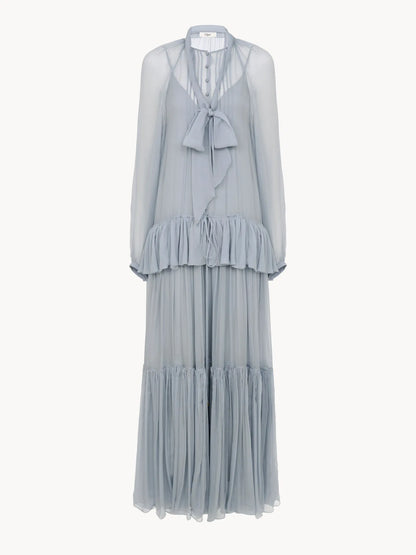 Fluid lavallière long dress in silk mousseline