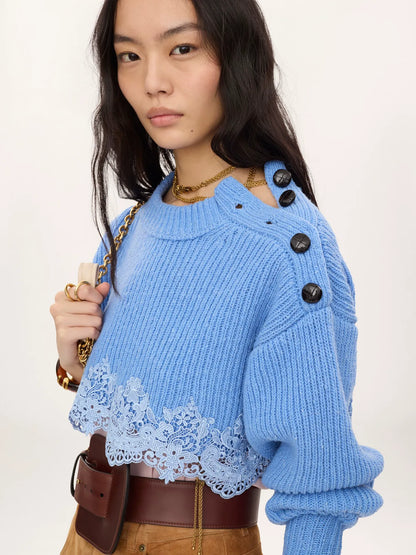 Cropped sweater in a merino wool knit & lace