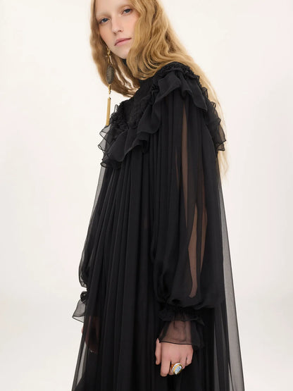 High-neck ruffled midi dress in silk mousseline