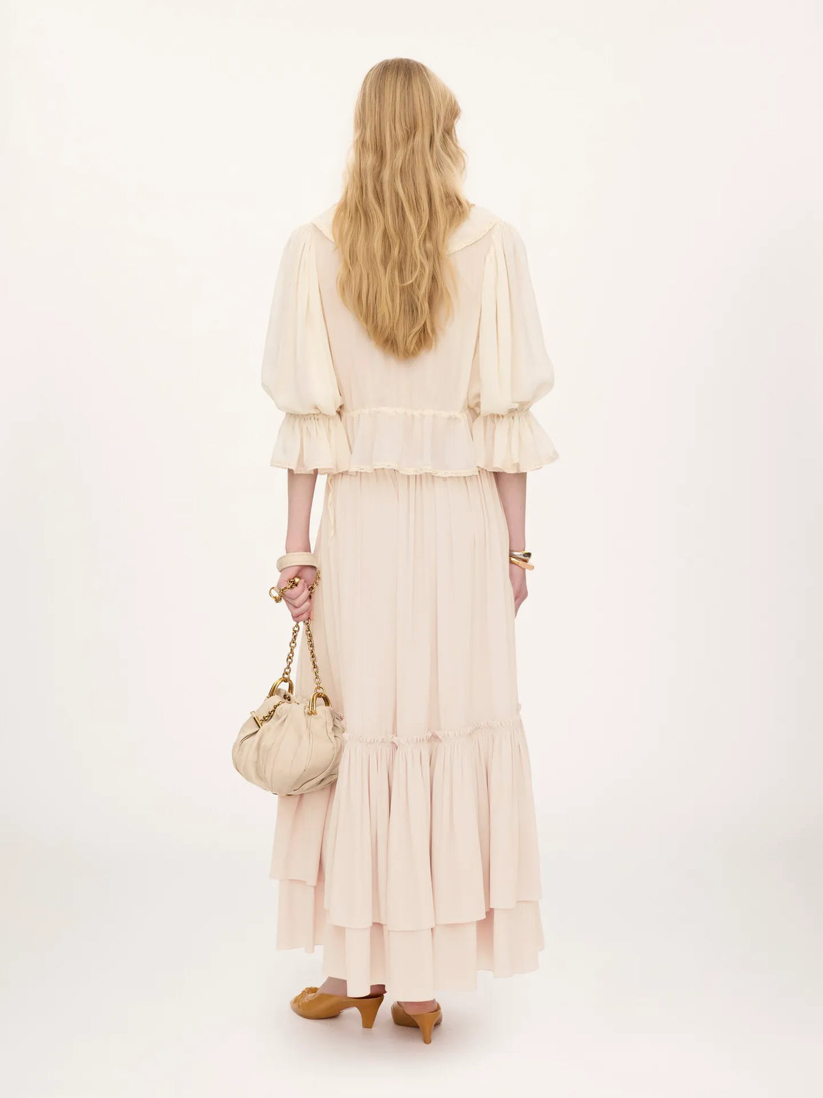 Ruffled long skirt in silk mousseline