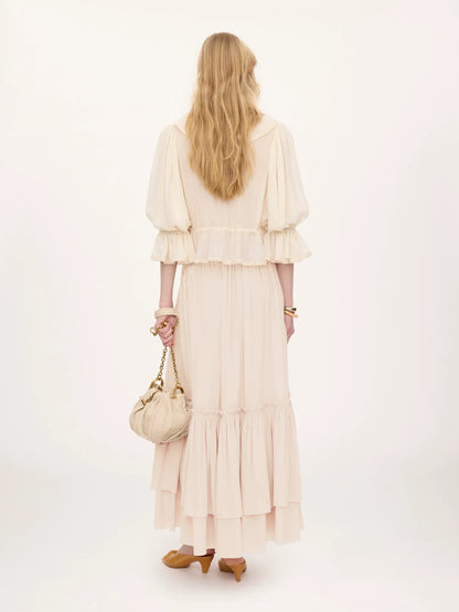 Ruffled long skirt in silk mousseline