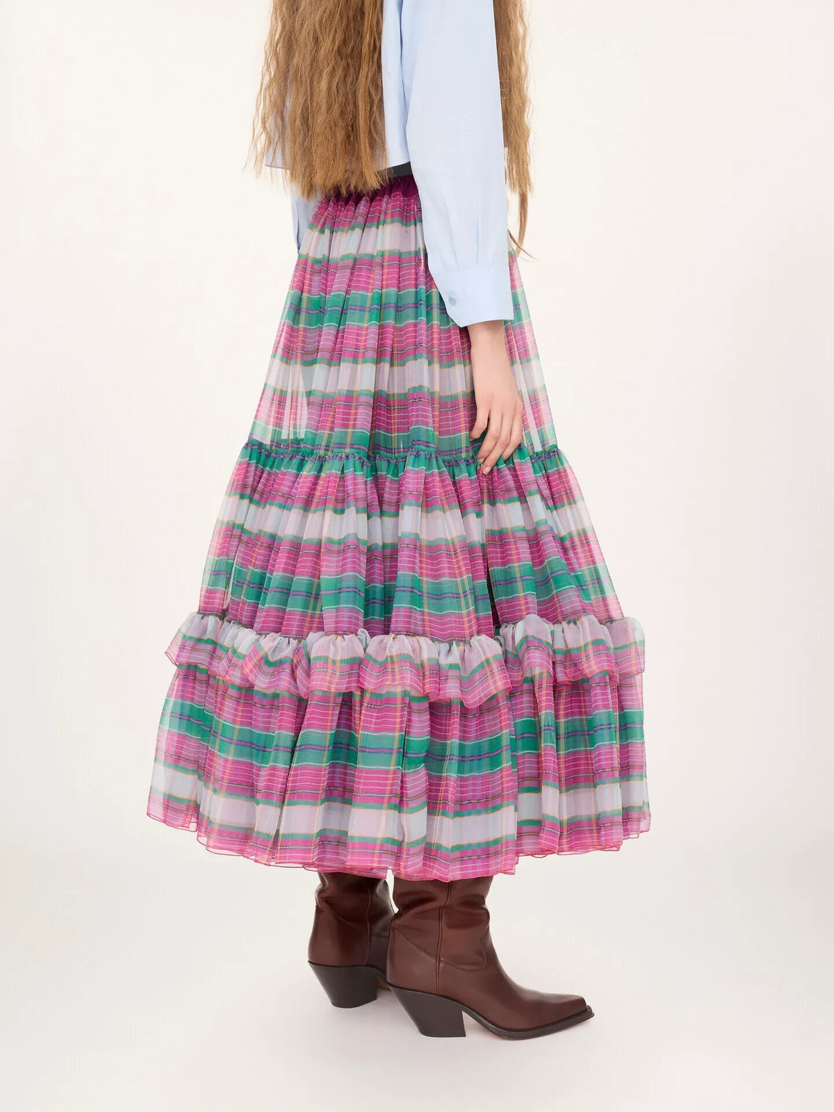 Ruffled long skirt in check silk mousseline