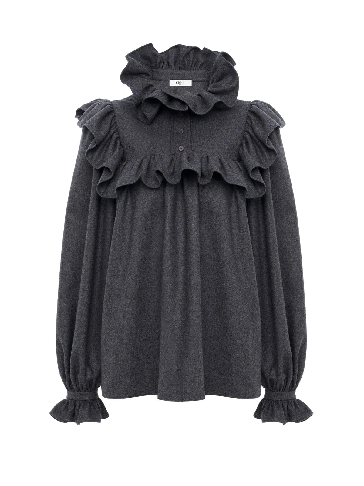 High-neck ruffle top in wool & cashmere flannel
