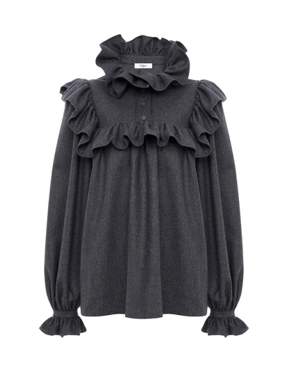 High-neck ruffle top in wool & cashmere flannel