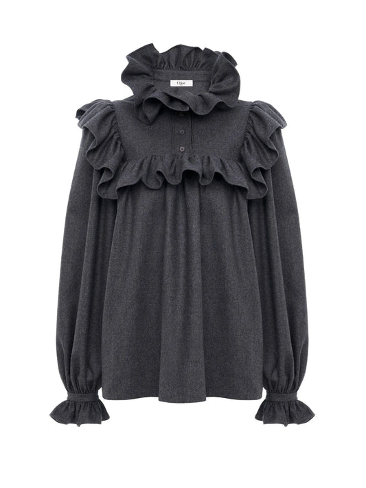 High-neck ruffle top in wool & cashmere flannel