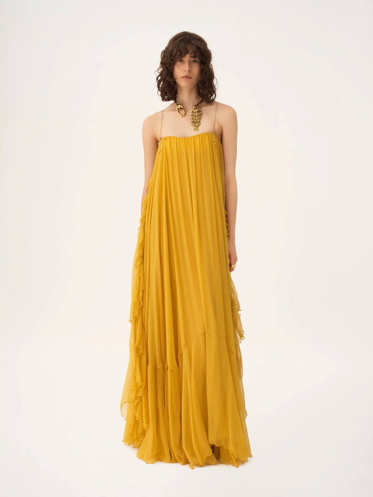 Sleeveless long dress in silk mousseline