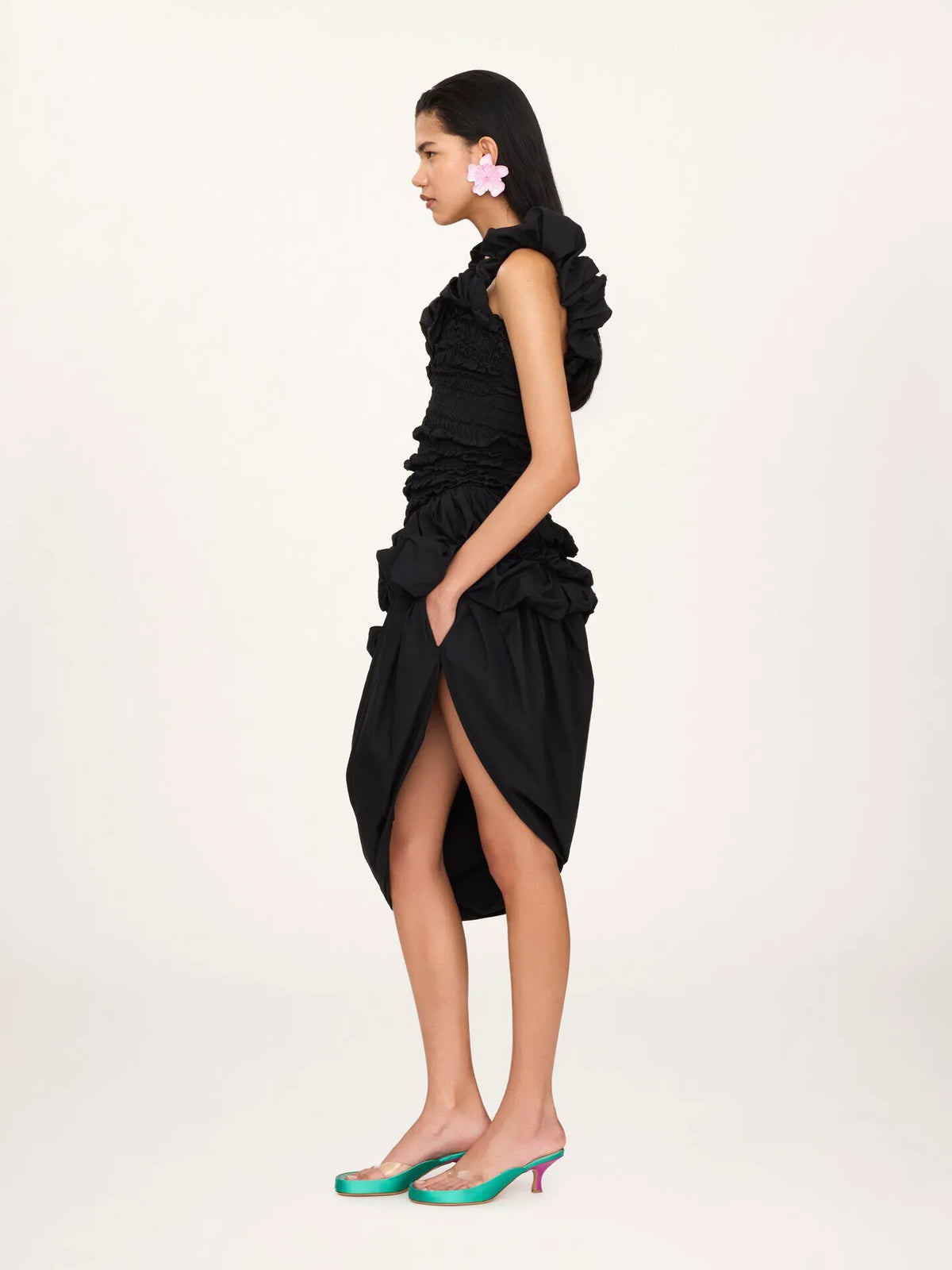 Ruched bustier midi dress in cotton poplin
