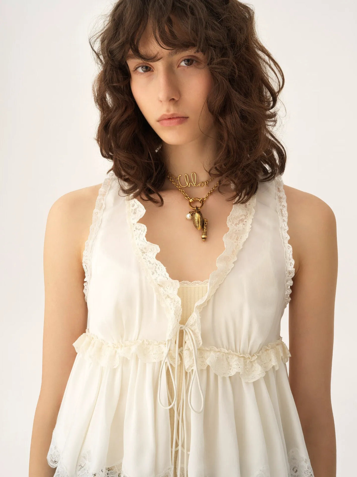Tie-front sleeveless top in washed silk satin & lace
