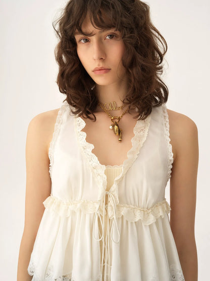 Tie-front sleeveless top in washed silk satin & lace