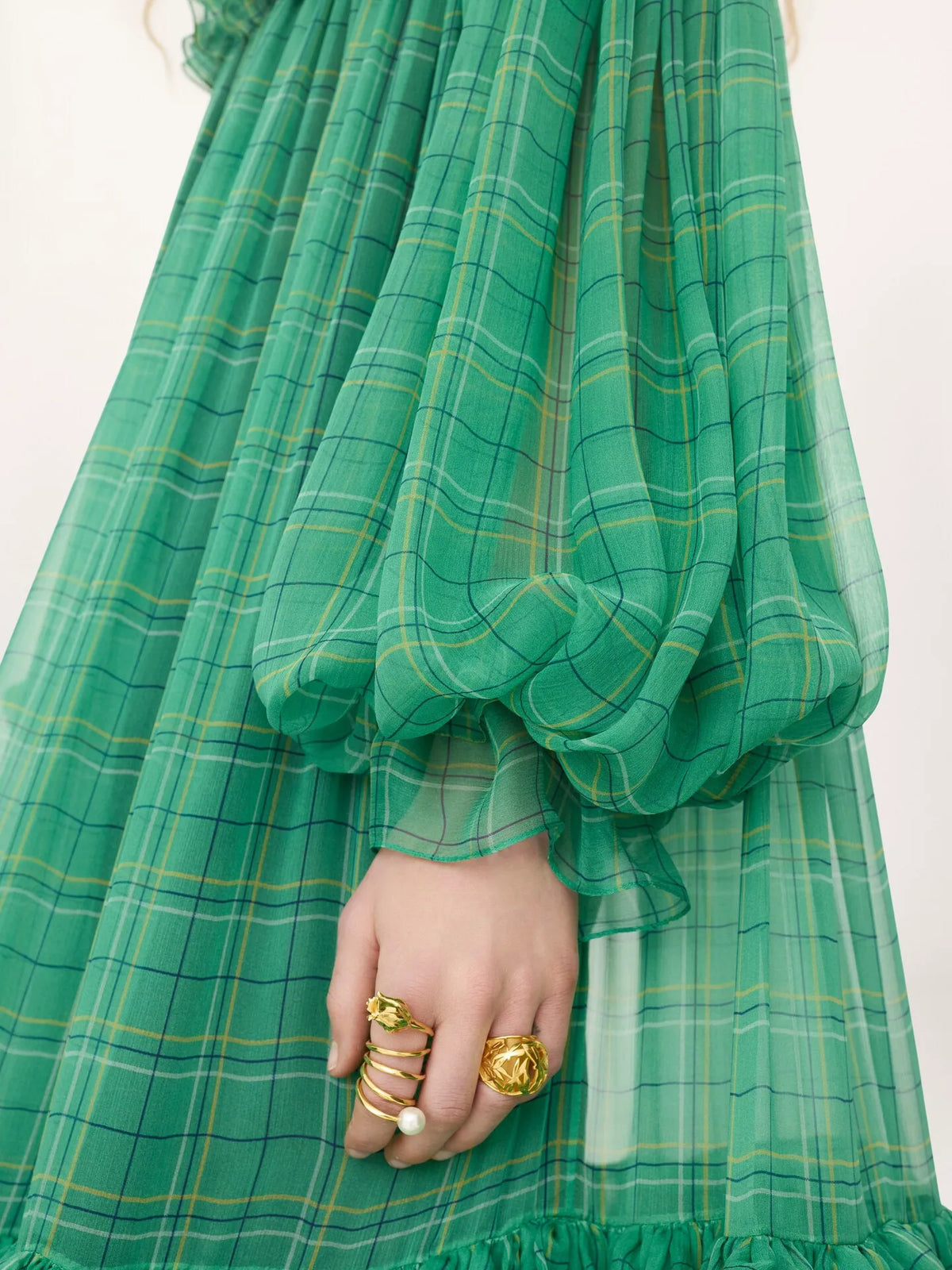 Off-the-shoulder long dress in check silk mousseline