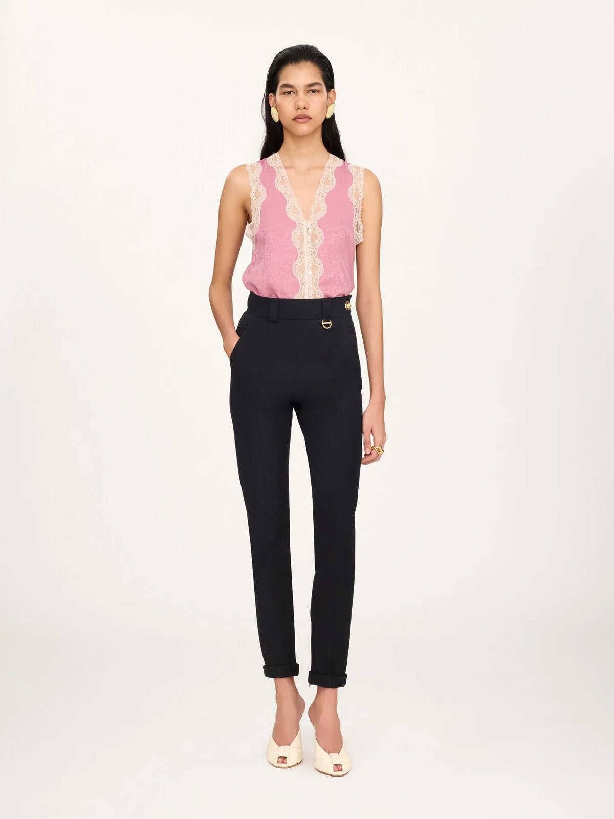 High-rise fitted pants in stretch tricotine