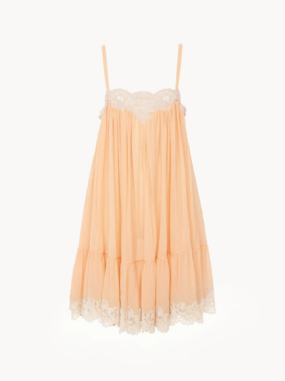 Thin-strap mini dress in silk georgette & lace